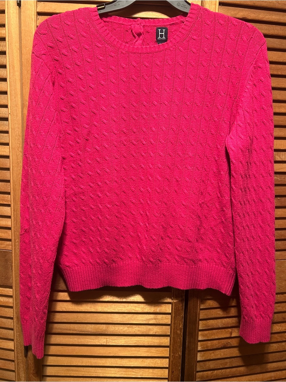 Tommy Hilfiger Pink Soft Cable Design Crewneck Sweater with Buttoned Back Neck